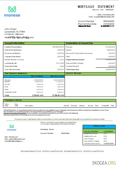 Allemagne Relevé hypothécaire de la banque Monese scr